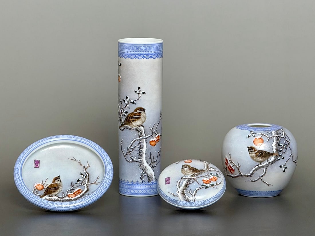 A Set of Fine Famille-Rose Snowscape Bird Pattern Ornaments,With Poem: A Set of Fine Famille-Rose Snowscape Bird Pattern Ornaments,With Poem,Qing Dynasty,China,Qianlong Four-character Mark,Size:(Brush Pot)1.7inx5.9inx1.6in,(Jar)2.7inx3inx1.4in,(Brush Washer)3.7inx0.9inx1