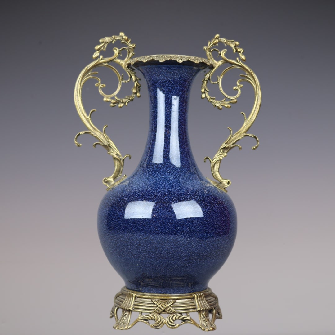 A Huge Blue Glazed Inlaid Bronze Double-Ears Vase: A Huge Blue Glazed Inlaid Bronze Double-Ears Vase,Qing Dynasty,China,Yongzheng Six-character