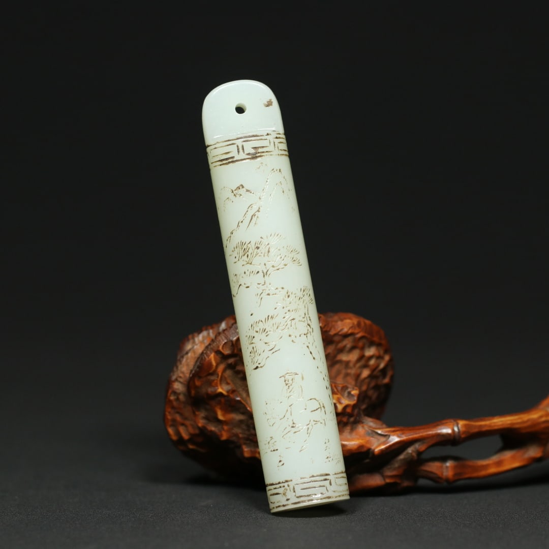An Exquisite White Jade Landscape and Figure Pattern Pendant,With Poem: An Exquisite White Jade Landscape and Figure Pattern Pendant,With Poem,Qing