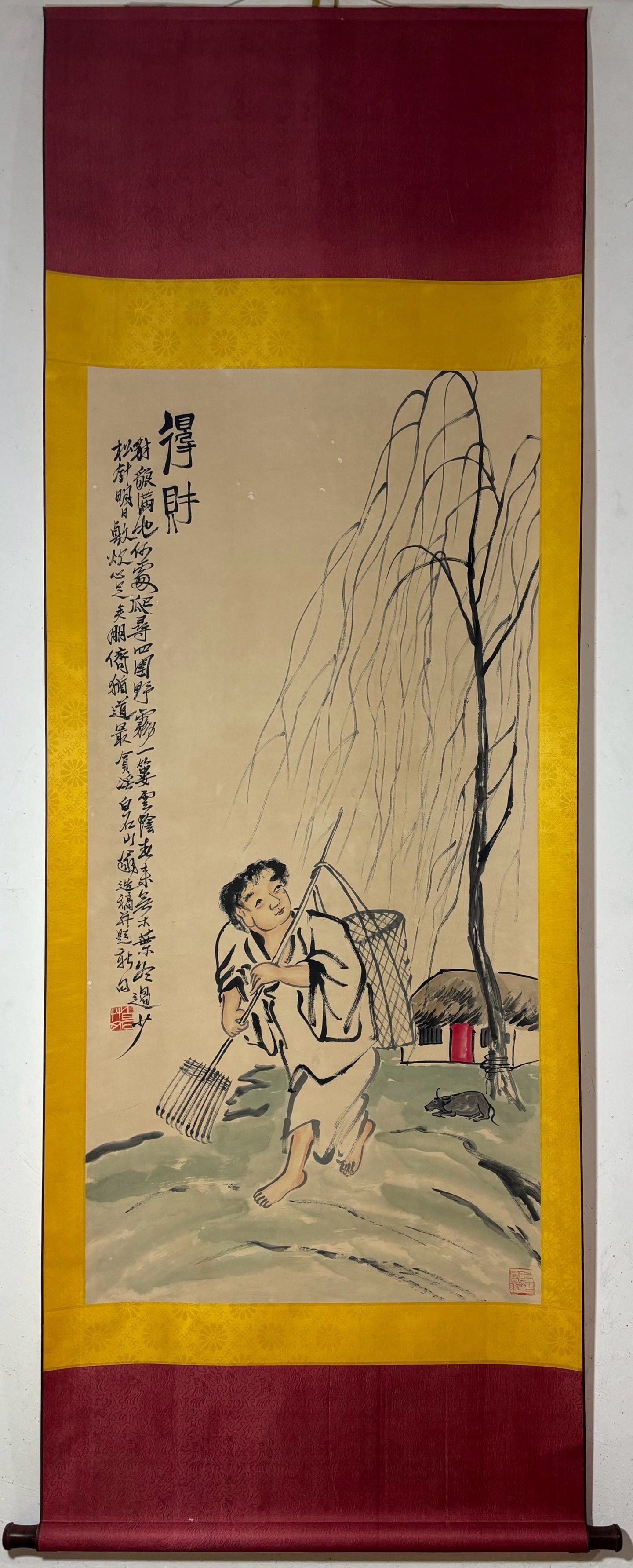 A Chinese Vertical Scroll Ink Painting of Figure on Paper,Qi Baishi: A Chinese Vertical Scroll Ink Painting of Figure on Paper,Qi Baishi,Size:(Without frame)53.5inx26.2in一幅中国水墨人物画立轴,齐&#