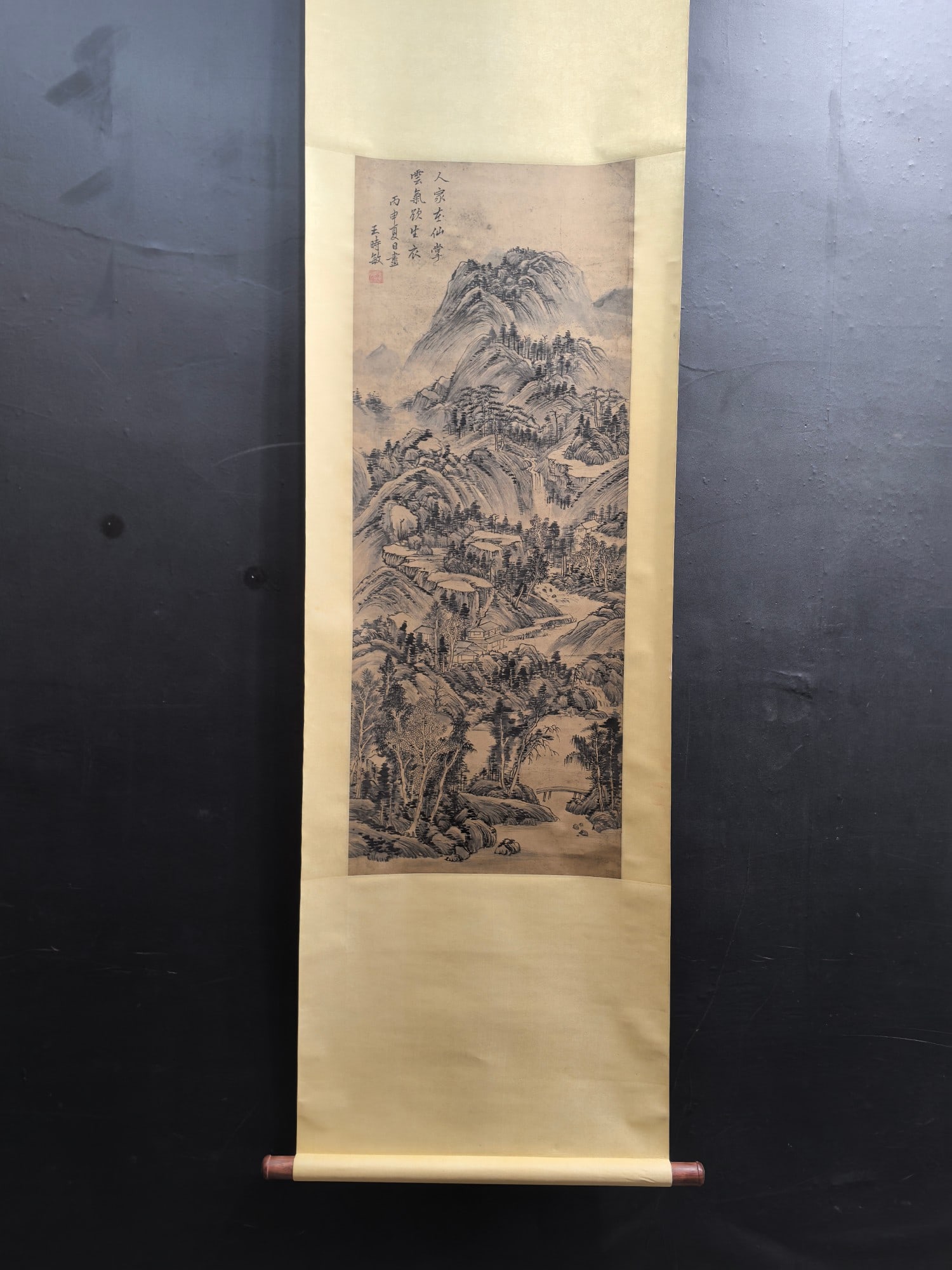 A Chinese Vertical Scroll Ink Painting of Landscape on Paper,Wang Shimin: A Chinese Vertical Scroll Ink Painting of Landscape on Paper,Wang