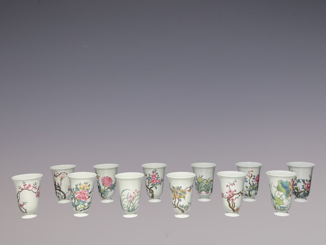 A Set of Fine Famille-Rose Flower Pattern Cups,With Poem: A Set of Fine Famille-Rose Flower Pattern Cups,With Poem,Qing Dynasty, China,Yongzheng Four-character