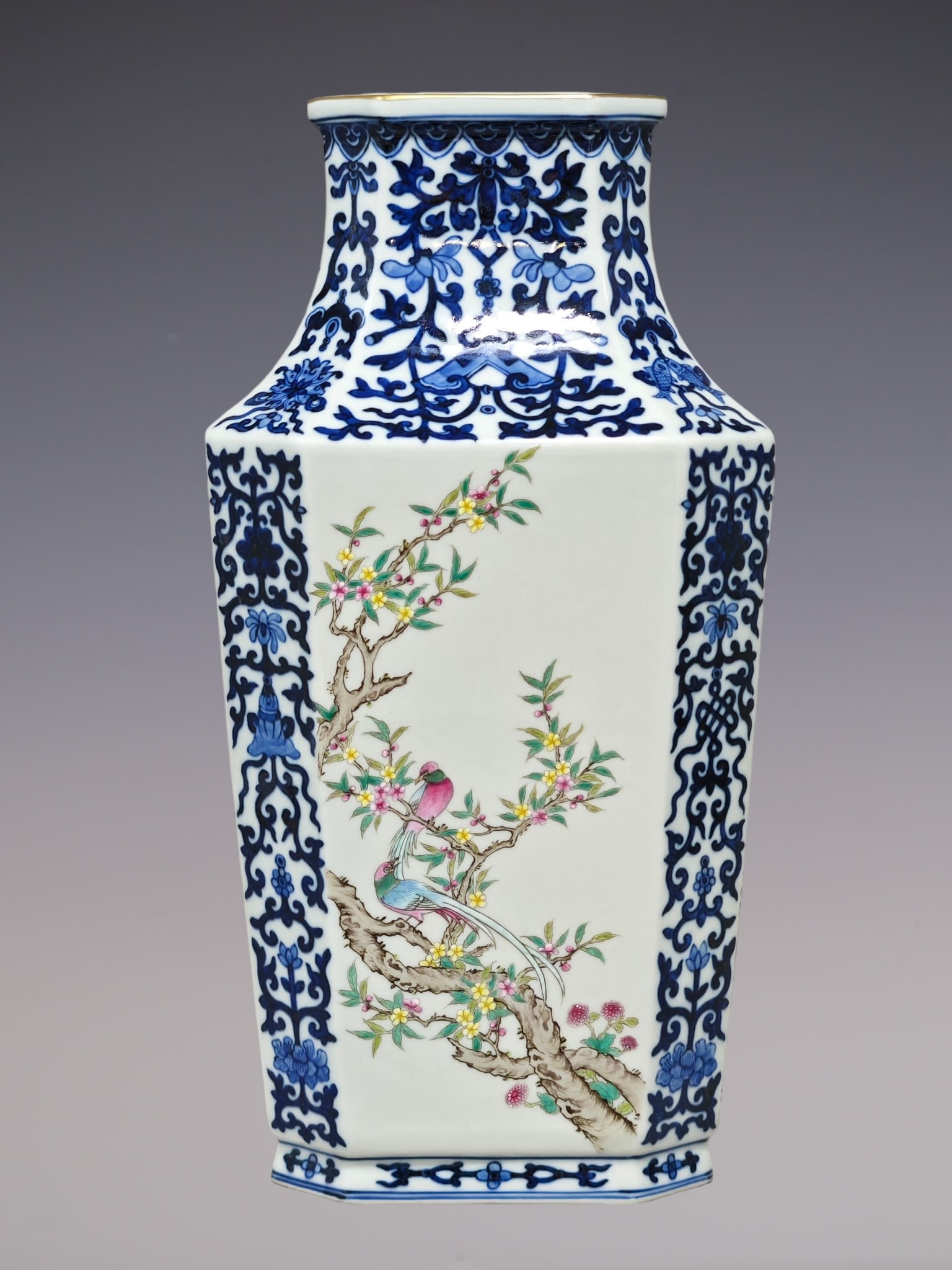 A Rare Blue and White Famille-Rose Painted Gold Flower and Bird Pattern Vase: A Rare Blue and White Famille-Rose Painted Gold Flower and Bird Pattern Vase,Qing Dynasty, China,Qianlong Six-character