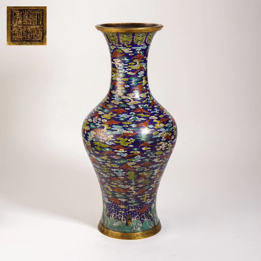 An Exquisite Cloisonne Seawater Pattern Bats Pattern Vase: An Exquisite Cloisonne Seawater Pattern Bats Pattern Vase Qing Dynasty, China Qianlong Six-character Mark Size:22.4inx10.6in