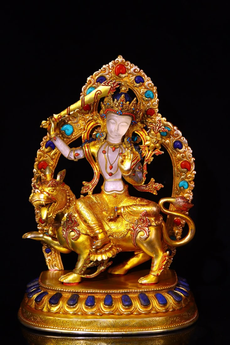 A Huge Gilt Bronze Inlaid Crystal Statue of Manjusri,Inlaid Gems: A Huge Gilt Bronze Inlaid Crystal Statue of Manjusri,Inlaid Gems,Qing