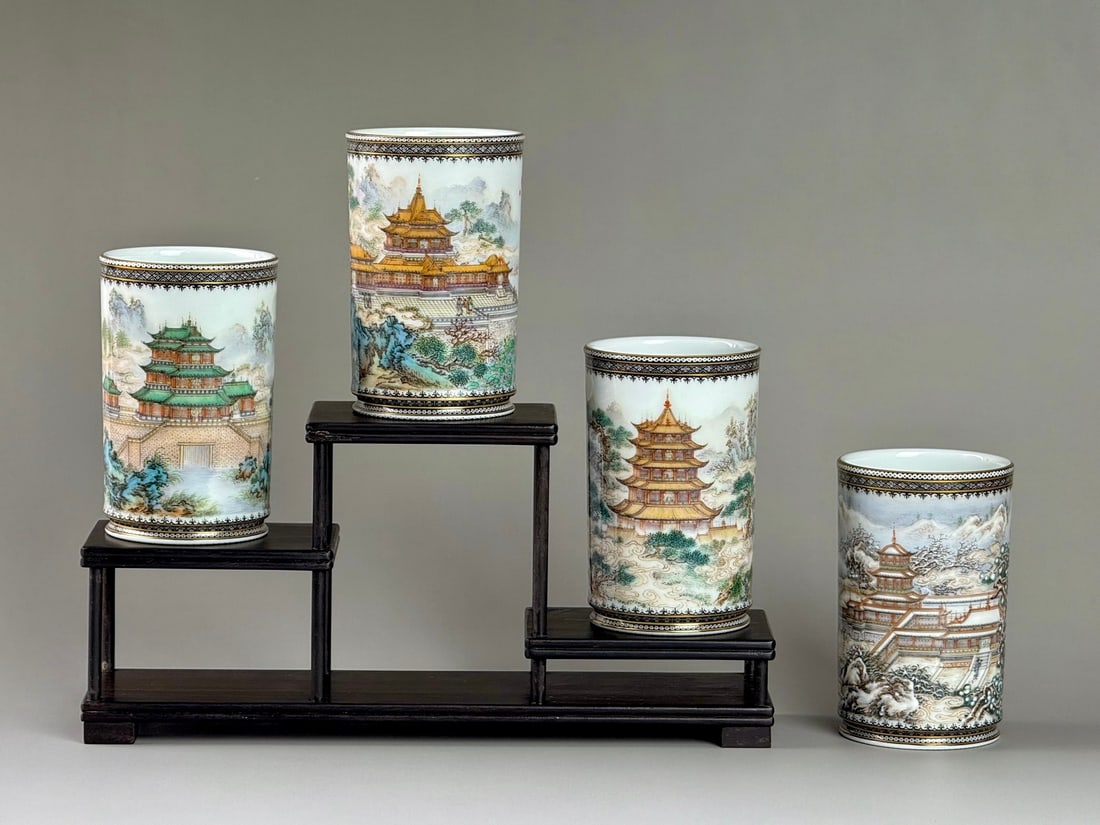 A Set of Fine Ink Color Famille-Rose Painted Gold Landscape Pattern Brush Pots: A Set of Fine Ink Color Famille-Rose Painted Gold Landscape Pattern Brush Pots,Qing Dynasty,China,Qianlong Four-character