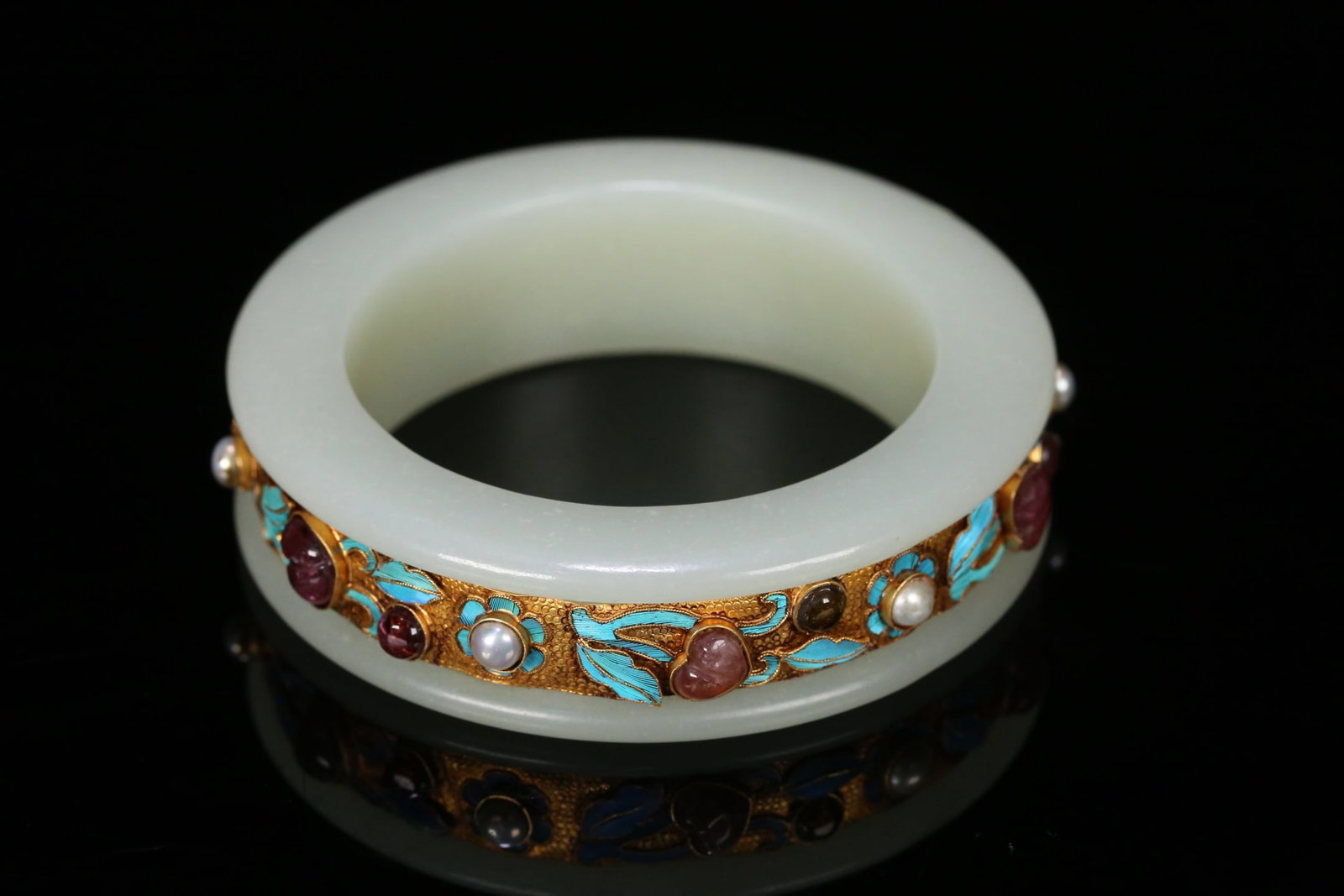 An Exquisite White Jade Inlaid Gilt Silver Tian-Tsui Bracelets,Inlaid Natural Tourmaline and Gems: An Exquisite White Jade Inlaid Gilt Silver Tian-Tsui Bracelets,Inlaid Natural Tourmaline and Gems,Qing