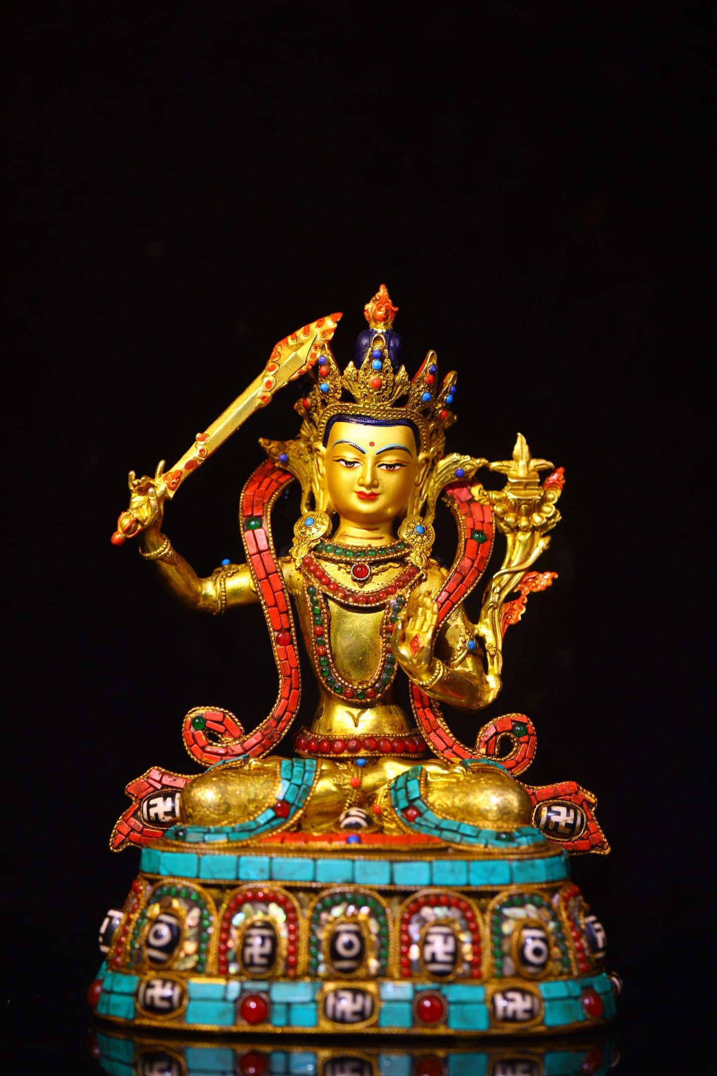 An Exquisite Gilt Bronze Inlaid Dzi Bead and Gems Statue of Manjusri: An Exquisite Gilt Bronze Inlaid Dzi Bead and Gems Statue of Manjusri,Qing