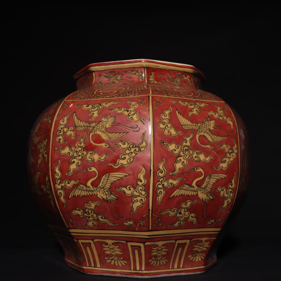 An Exquisite Red Ground Yellow Color Auspicious Cloud and Crane Pattern Jar: An Exquisite Red Ground Yellow Color Auspicious Cloud and Crane Pattern Jar,Ming Dynasty,China,Jiajing Six-character Mark,Size:10inx11.8in红地黄彩祥云鹤ಬ