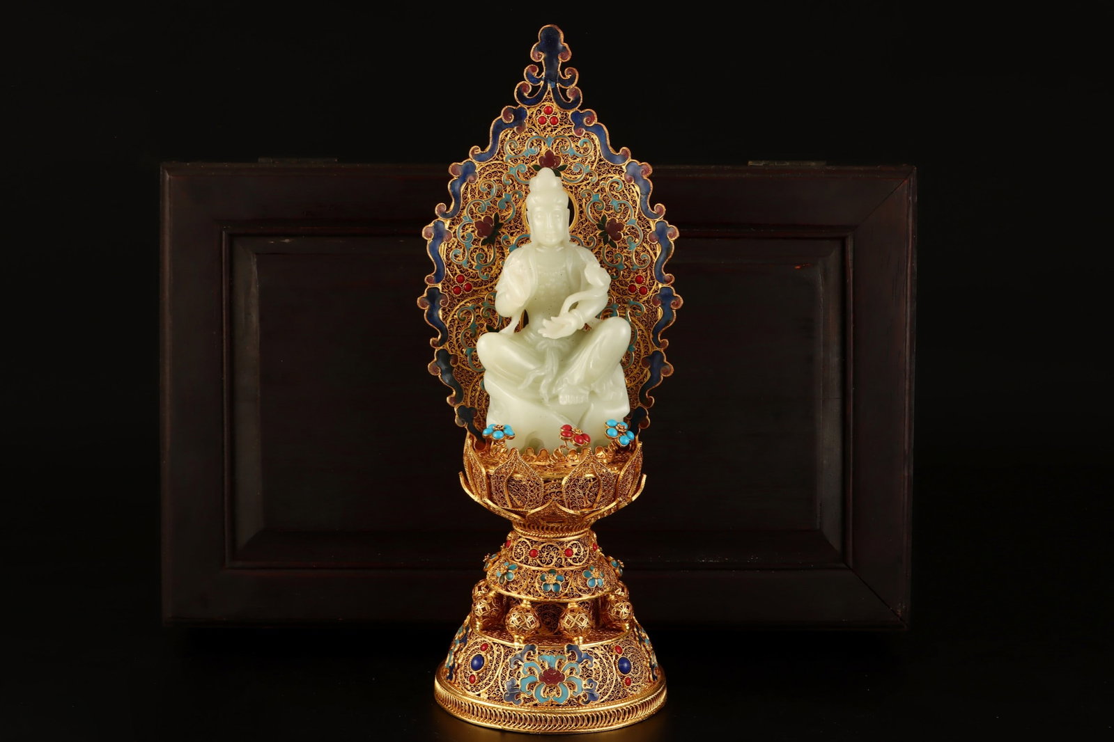 A Rare Filigree and Gilding Inlaid White Jade Buddha Statue Ornament,Inlaid Gems: A Rare Filigree and Gilding Inlaid White Jade Buddha Statue Ornament,Inlaid Gems,Qing Dynasty,China,Qianlong Four-character Mark,Size:13.2inx5.1inx4.5in,(Buddha