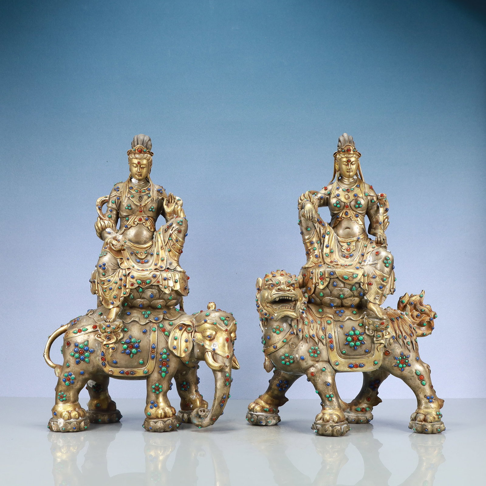 A Exquisite A pair of Gilt Silver Statue of Manjusri Samantabhadra (1 of 20)