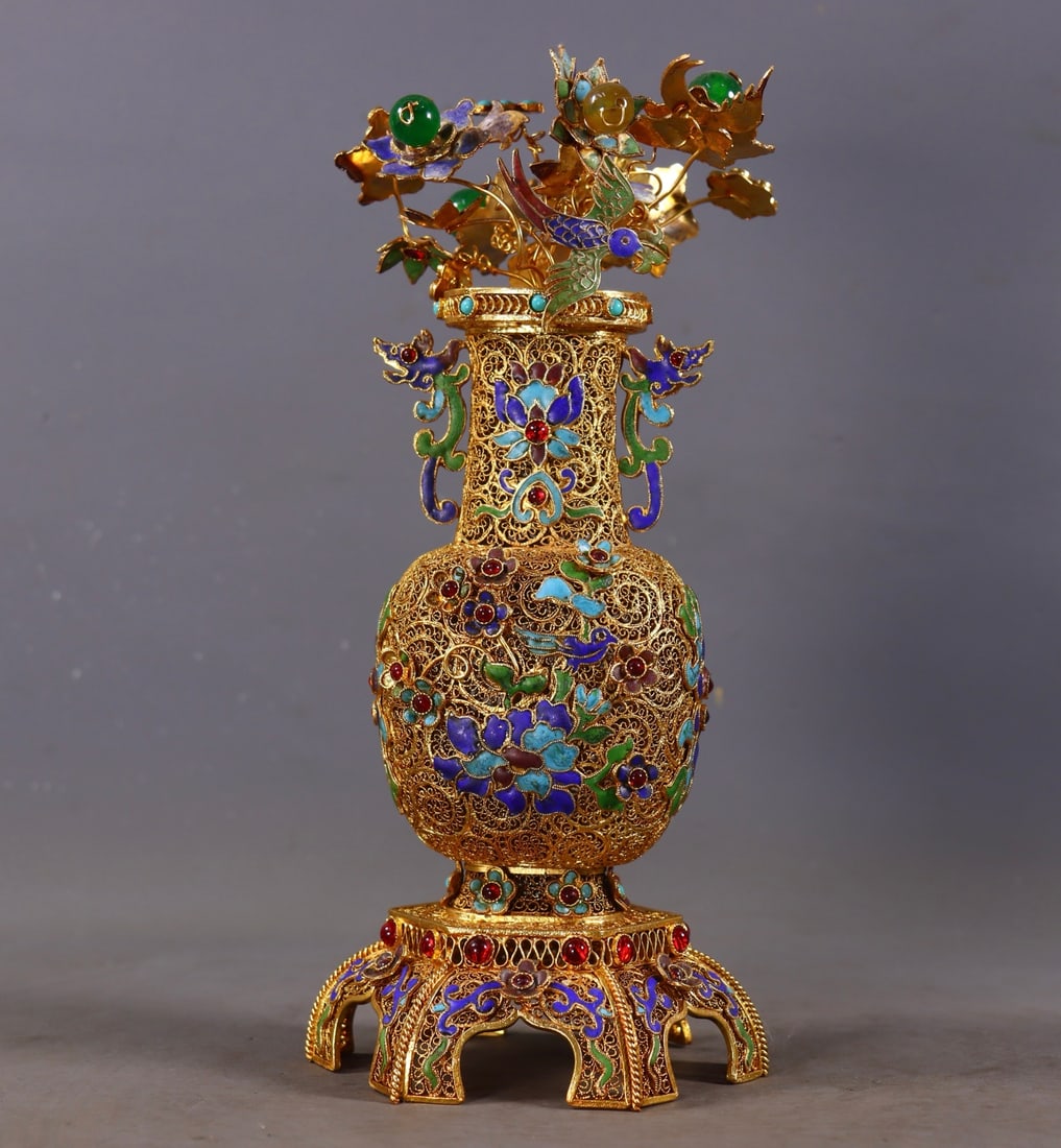 An Exquisite Filigree and Gilding Inlaid Gems Blueing Flower and Bird Pattern Dragon-Ears Vase (1 of 9)