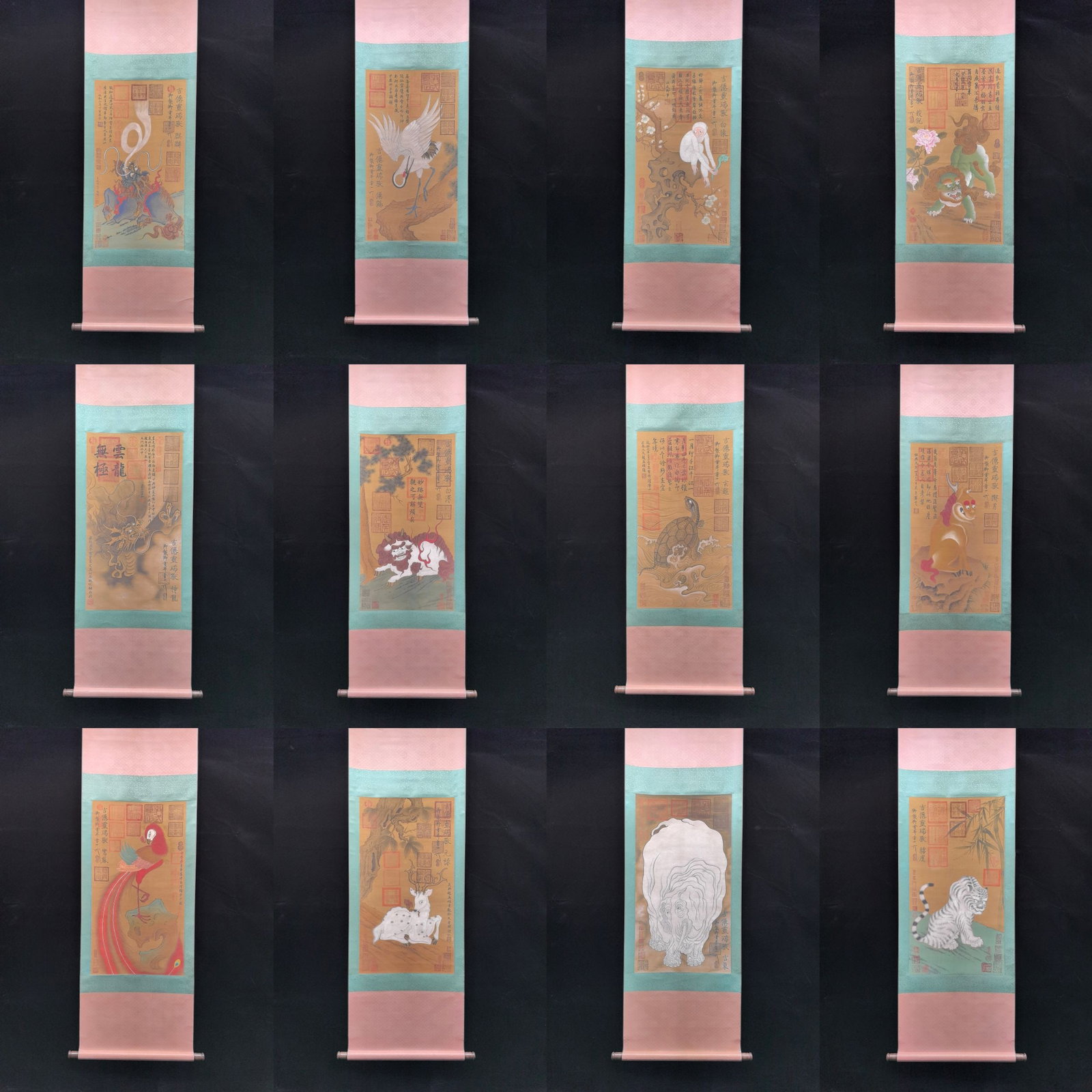 A Set of Chinese Vertical Scroll Ink Painting of Auspicious Beast on Silk,Song Huizong: A Set of Chinese Vertical Scroll Ink Painting of Auspicious Beast on Silk,Song Huizong,Size:17.7inx32.9in*12一套中国水墨绢本瑞兽图