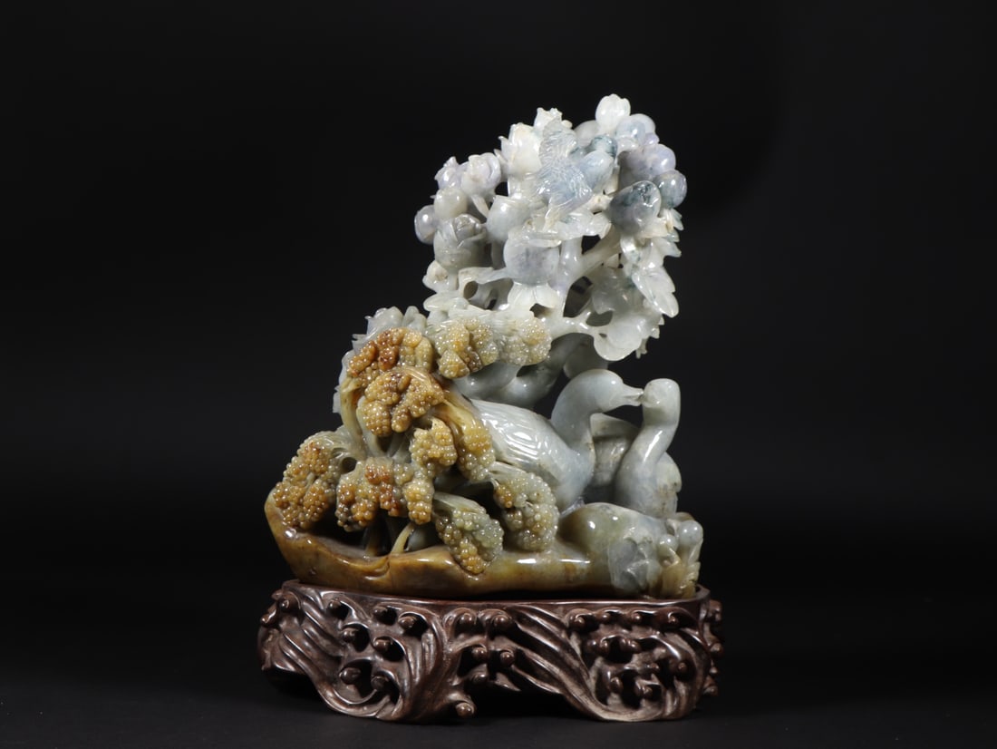 An Exquisite Jadeite Rockery Flower and Bird Pattern Goose Ornament (1 of 12)