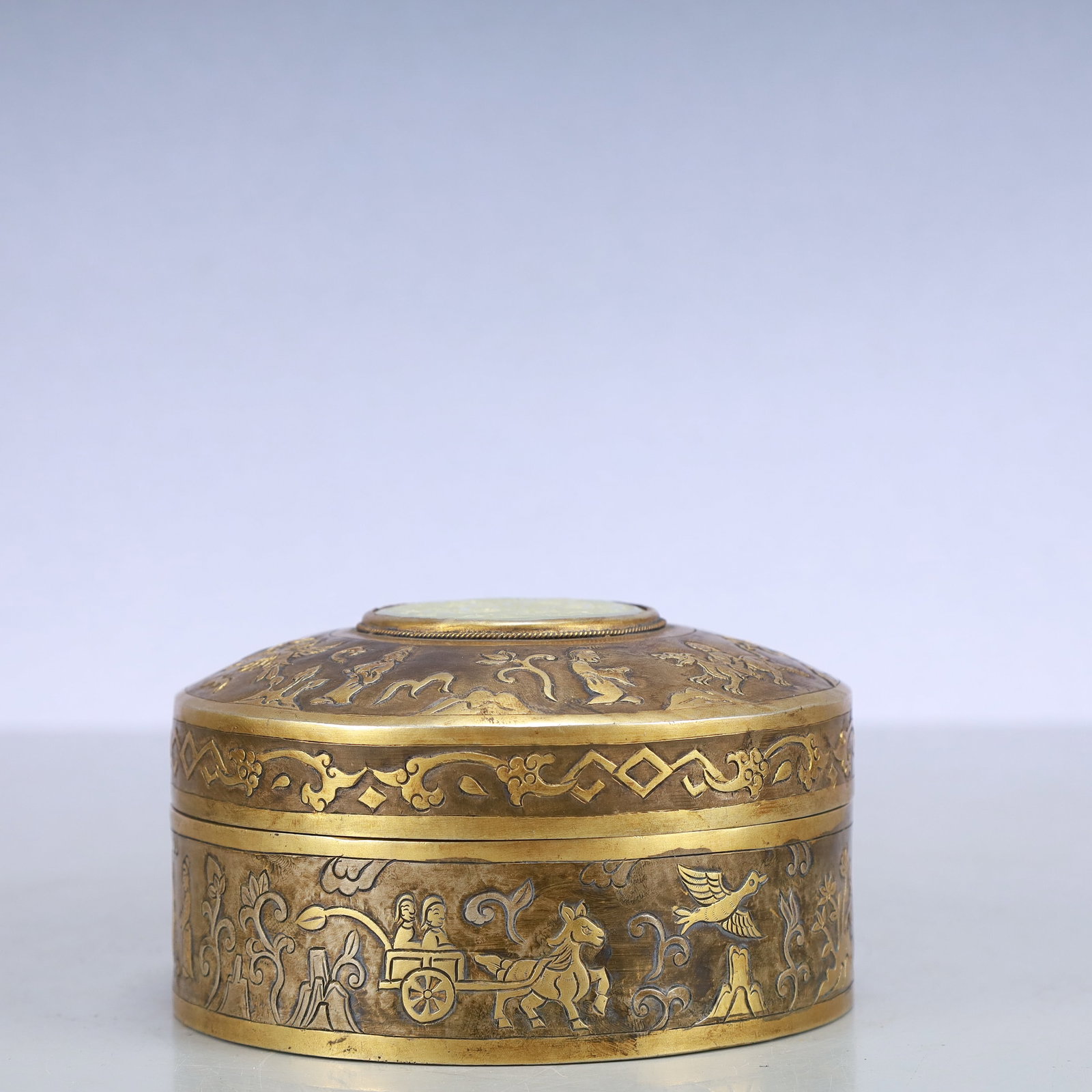 A Exquisite Gilt Bronze Inlaid White Jade Flower and Bird Pattern Character and Story Pattern Box: A Exquisite Gilt Bronze Inlaid White Jade Flower and Bird Pattern Character and Story Pattern Box Qing Dynasty, China Size:5.1inx2.8in Weight:650g铜鎏金嵌白玉഑