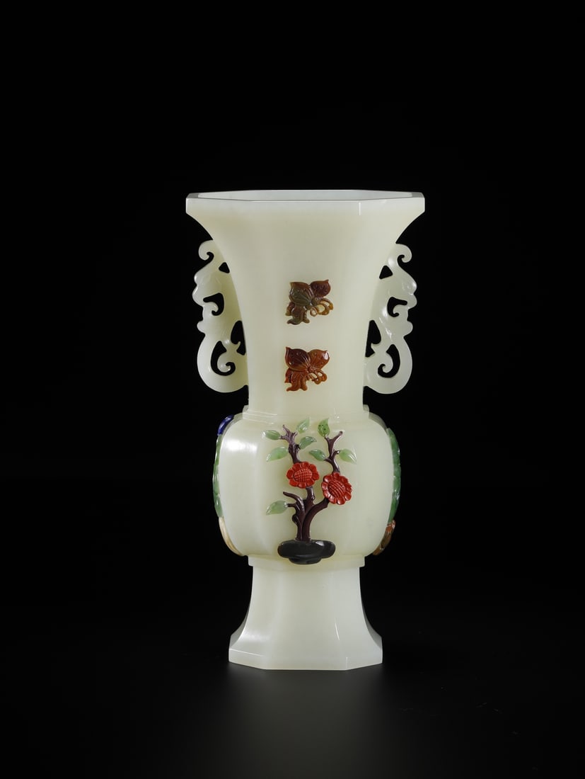 An Exquisite White Jade Plum Blossom,Orchid Bamboo and Chrysanthemum Pattern Double-Ears Vase,Inlaid: An Exquisite White Jade Plum Blossom,Orchid Bamboo and Chrysanthemum Pattern Double-Ears Vase,Inlaid Gems,Qing Dynasty,China,Size:6.3inx3.1inx2.2in,Weight:383.3g白玉梅兰竹