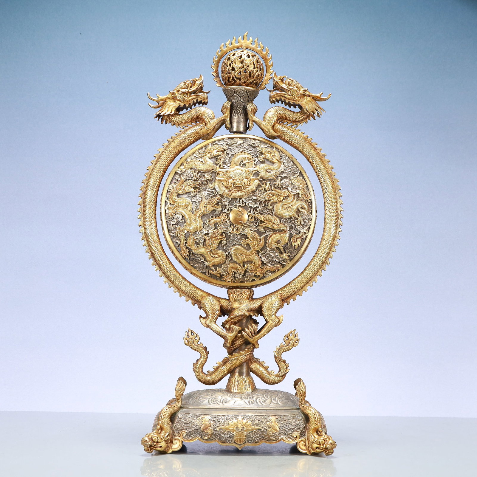 A Exquisite Gilt Silver Dragon Pattern Bats and Peach Pattern Ornament: A Exquisite Gilt Silver Dragon Pattern Bats and Peach Pattern Ornament Tang Dynasty, China Size:9.4inx5.9inx22in Weight:7350g铜鎏金银龙纹福寿纹