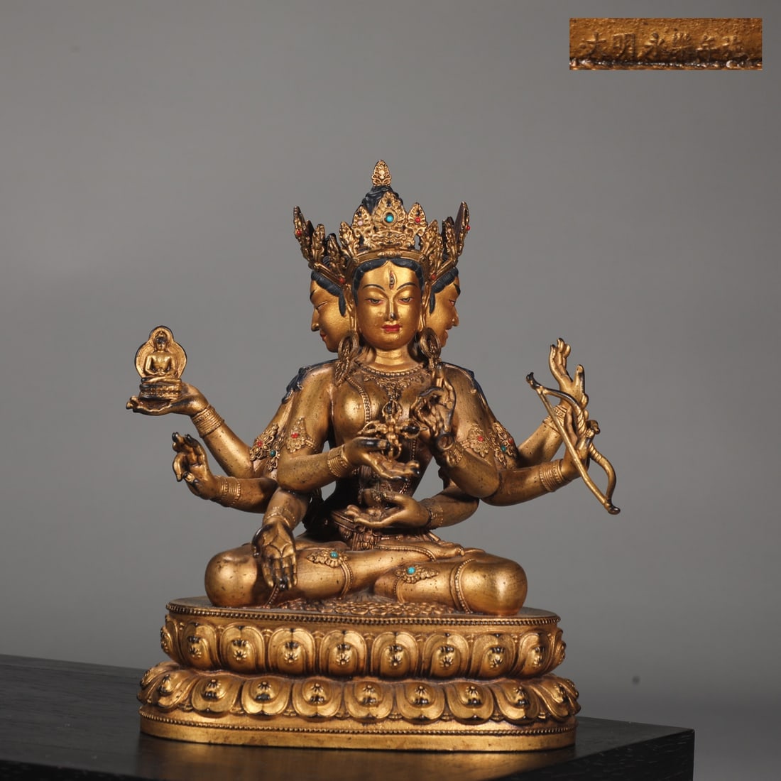 A Solemn Gilt Bronze Statue of Gautama??s Mother,Inlaid Gems: A Solemn Gilt Bronze Statue of Gautama??s Mother,Inlaid Gems,Ming Dynasty,China,Yongle Six-character Mark,Size:8.3inx7.1in,Weight:1950g铜鎏金佛母像，嵌&