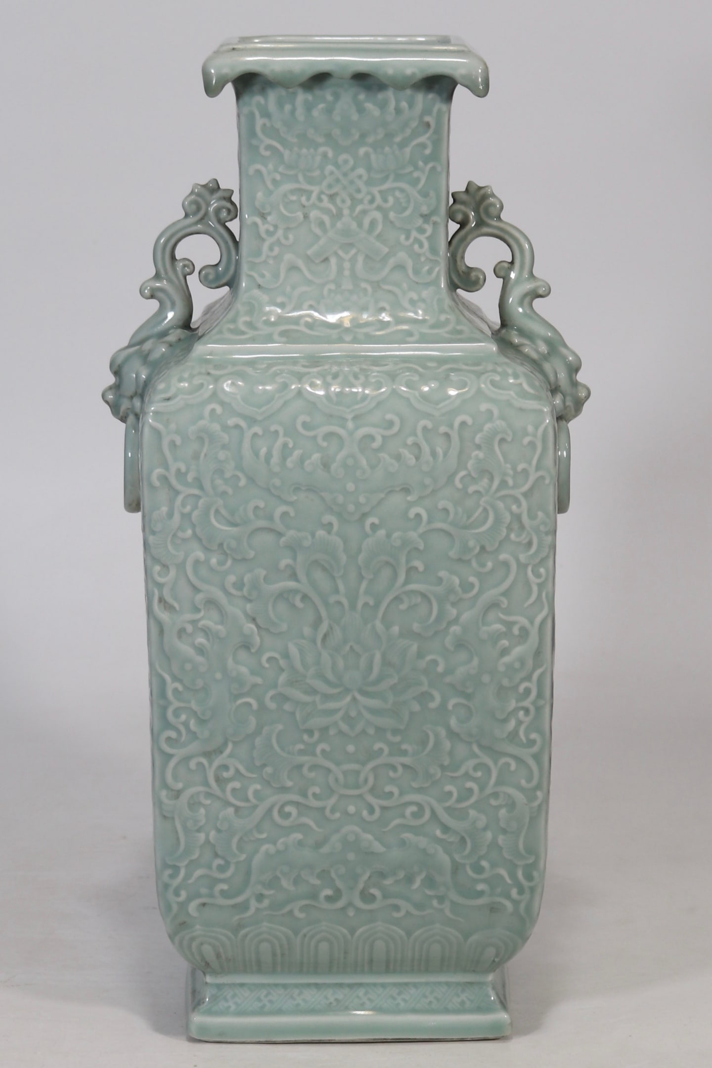 A Huge Celadon Glazed Lotus and Bats Pattern Beast-Ears Vase: A Huge Celadon Glazed Lotus and Bats Pattern Beast-Ears Vase,Qing Dynasty, China,Qianlong Six-character