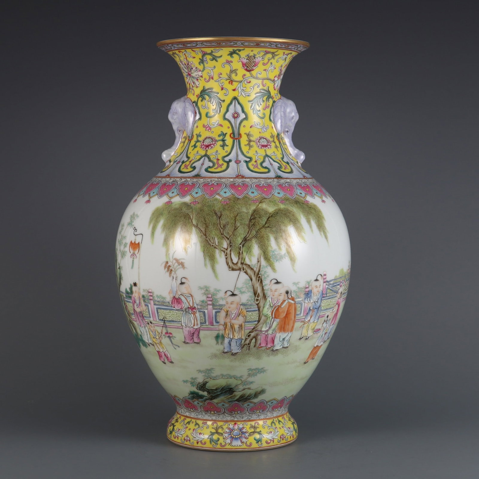 A Rare Yellow Ground Famille-Rose Painted Gold Figure Pattern Elephant-Ears Vase (1 of 10)