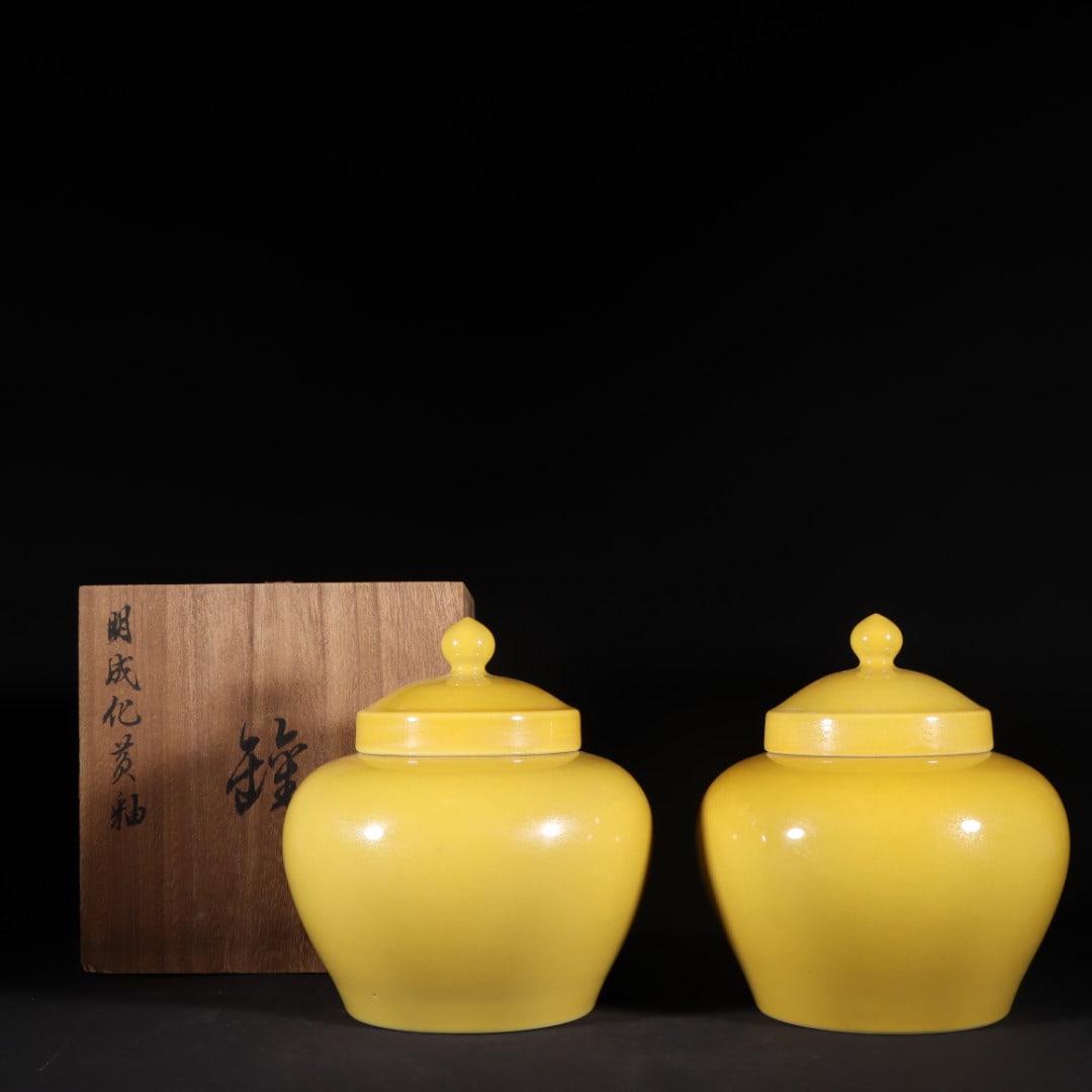 An ExquisiteA pair ofYellow Glazed Jar: An ExquisiteA pair ofYellow Glazed JarMing Dynasty, China Size:7.5inx7in中国明代成化鸡釉黄天字罐一对Size:19cmx17.8cm