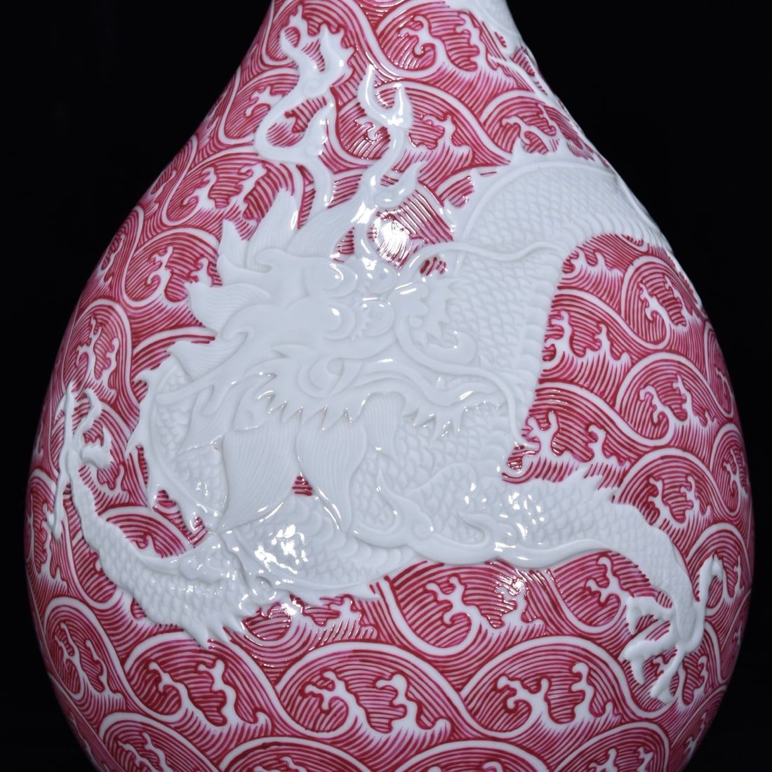 A Huge Ruby Red-Glazed Seawater and Dragon Pattern Vase - 6