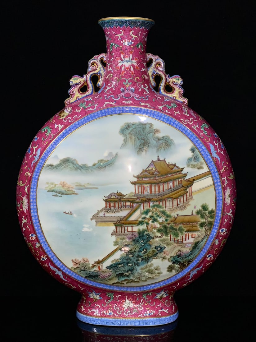 A Huge Ruby Red-Ground Famille-Rose Painted Gold Landscape Pattern Dragon-Ears Vase: A Huge Ruby Red-Ground Famille-Rose Painted Gold Landscape Pattern Dragon-Ears Vase,Qing Dynasty,China,Qianlong Six-character