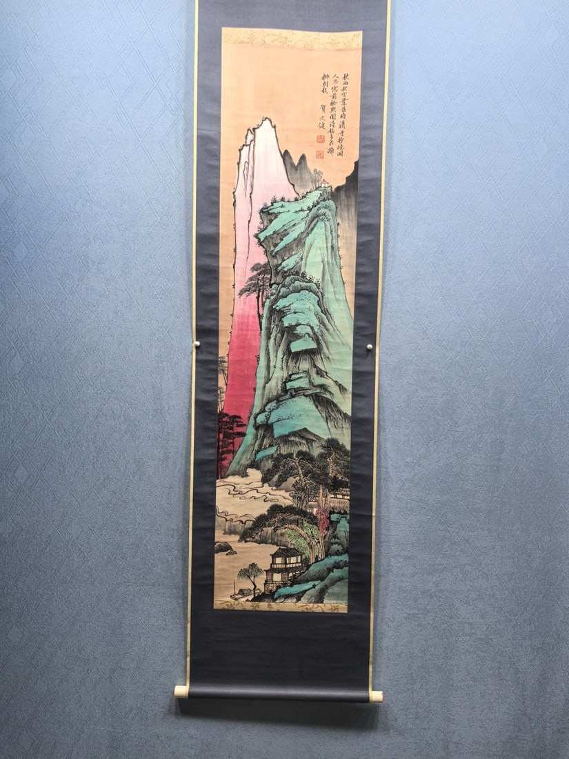 A Chinese Vertical Scroll Ink Painting of Landscape on Paper,He Tianjian: A Chinese Vertical Scroll Ink Painting of Landscape on Paper,He Tianjian,Size:(Without frame)13.2inx53.3in一幅中国水墨山水画立轴,ũ