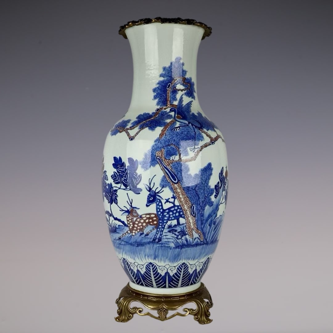 A Huge Blue and White Underglaze-Red Inlaid Bronze Pine,Deer and Crane Pattern Vase (1 of 9)