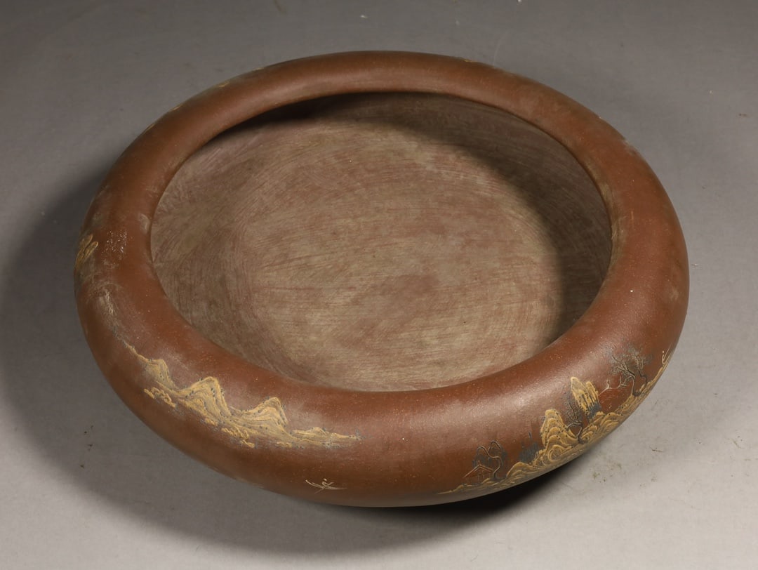 A Rare Purple Sands Painted Color Landscape Pattern Tripod Water Pot: A Rare Purple Sands Painted Color Landscape Pattern Tripod Water Pot,Qing Dynasty,China,With Mark,Size:12.6inx3.5in,Weight:2518g紫砂彩绘山水纹三足