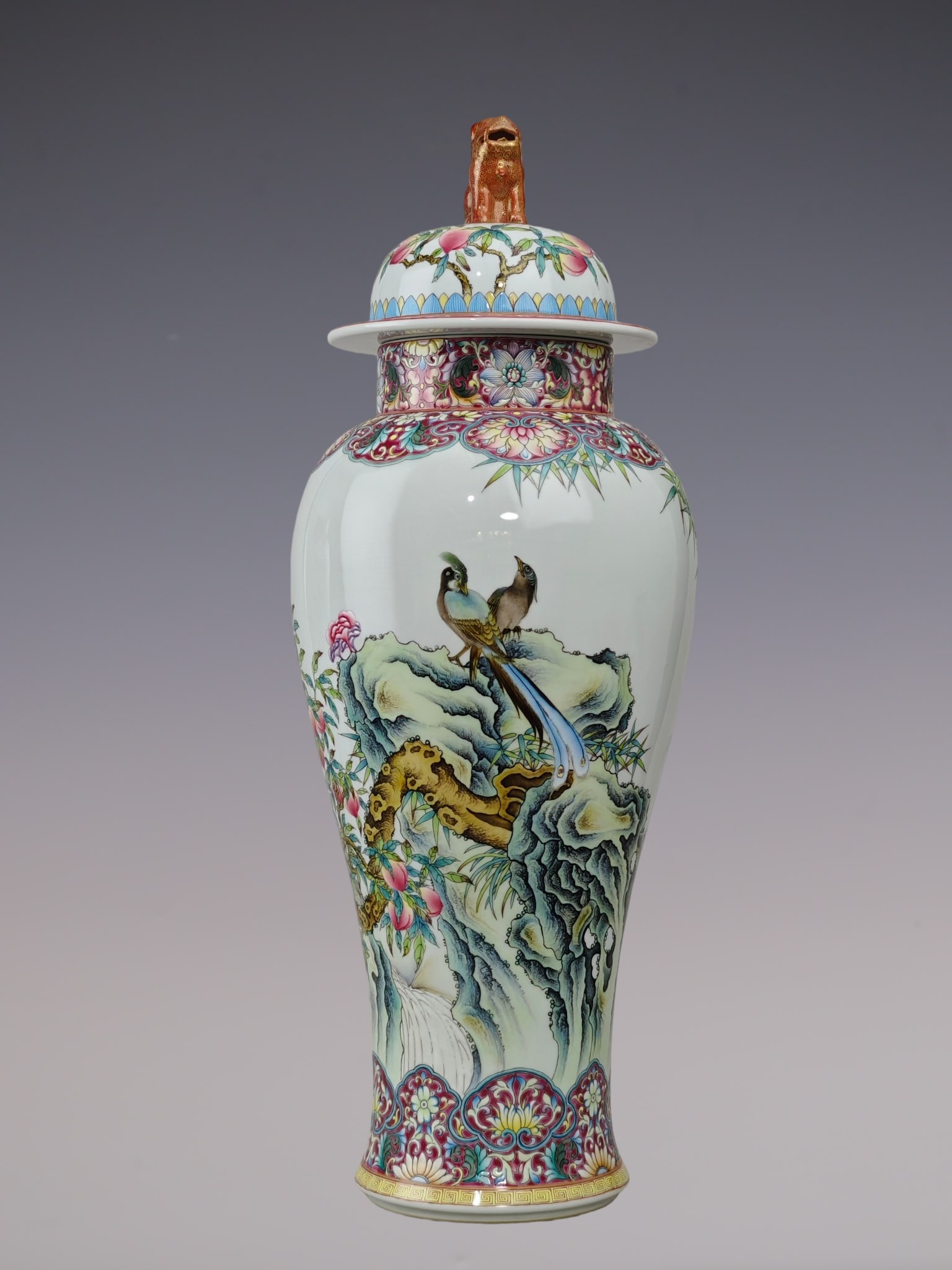 A Huge Enamel Flower and Bird Pattern Jar with Cover,With Poem: A Huge Enamel Flower and Bird Pattern Jar with Cover,With Poem,Qing Dynasty, China,Yongzheng Six-character Mark,Size:20.5inx7.5in珐琅彩花鸟纹盖罐,४