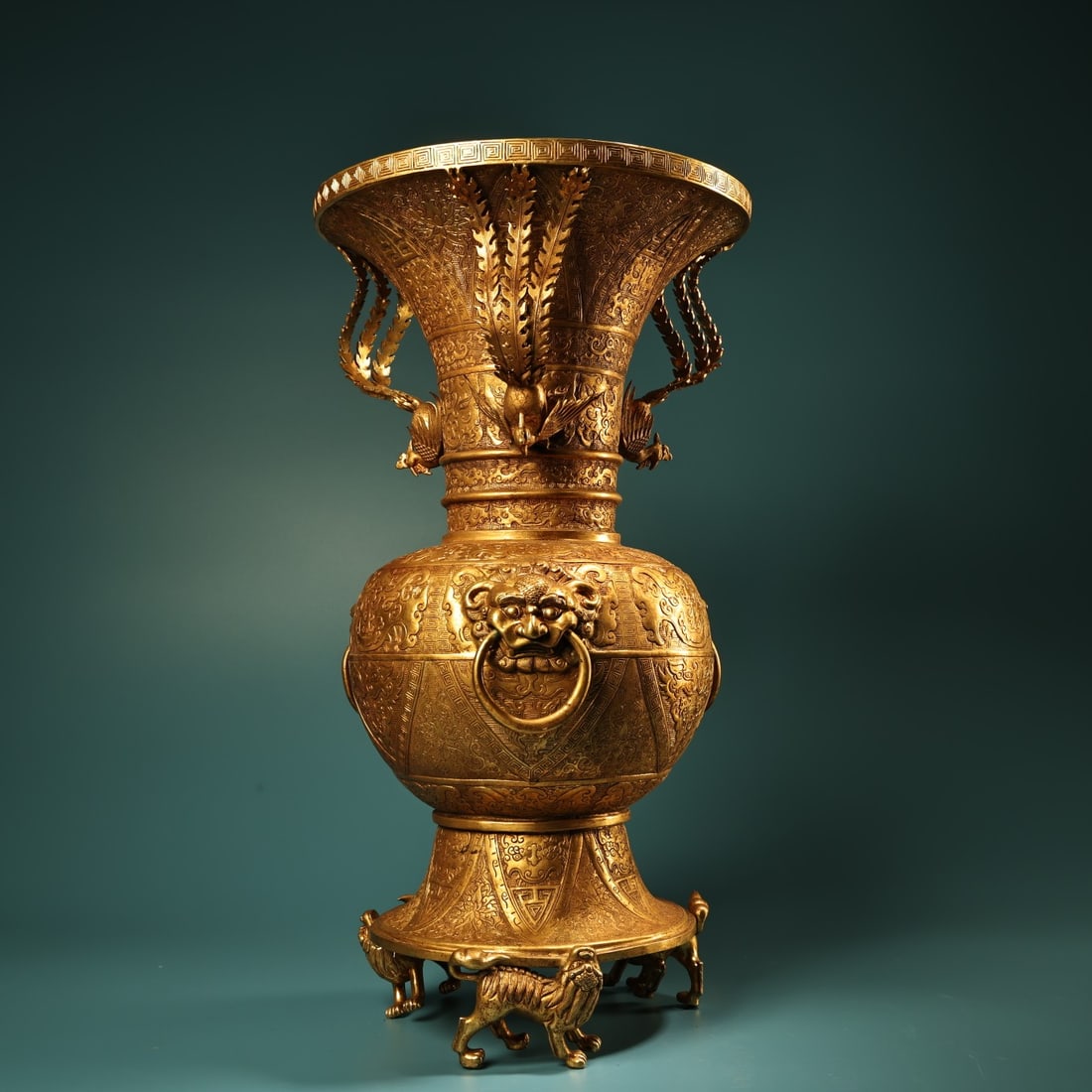 A Huge Gilt Bronze Lotus Pattern Phoenix-Ears Beast Legs Vase: A Huge Gilt Bronze Lotus Pattern Phoenix-Ears Beast Legs Vase,Qing