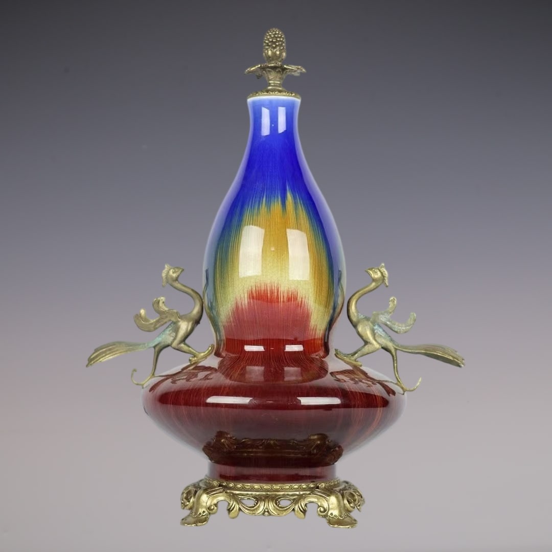 A Huge Flambe Glazed Inlaid Bronze Phoenix-Ears Gourd Vase: A Huge Flambe Glazed Inlaid Bronze Phoenix-Ears Gourd Vase,Qing Dynasty,China,Qianlong Six-character