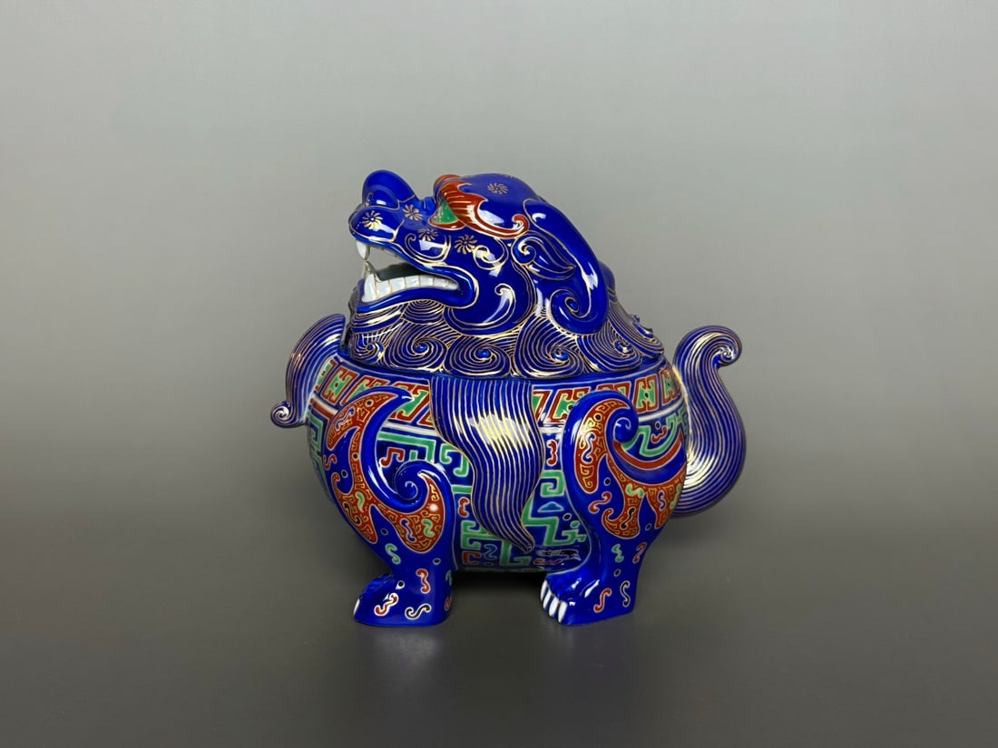 An Exquisite Blue Ground Enamel Painted Gold Auspicious Beast-Shaped Censer: An Exquisite Blue Ground Enamel Painted Gold Auspicious Beast-Shaped Censer,Qing Dynasty,China,Qianlong Four-character