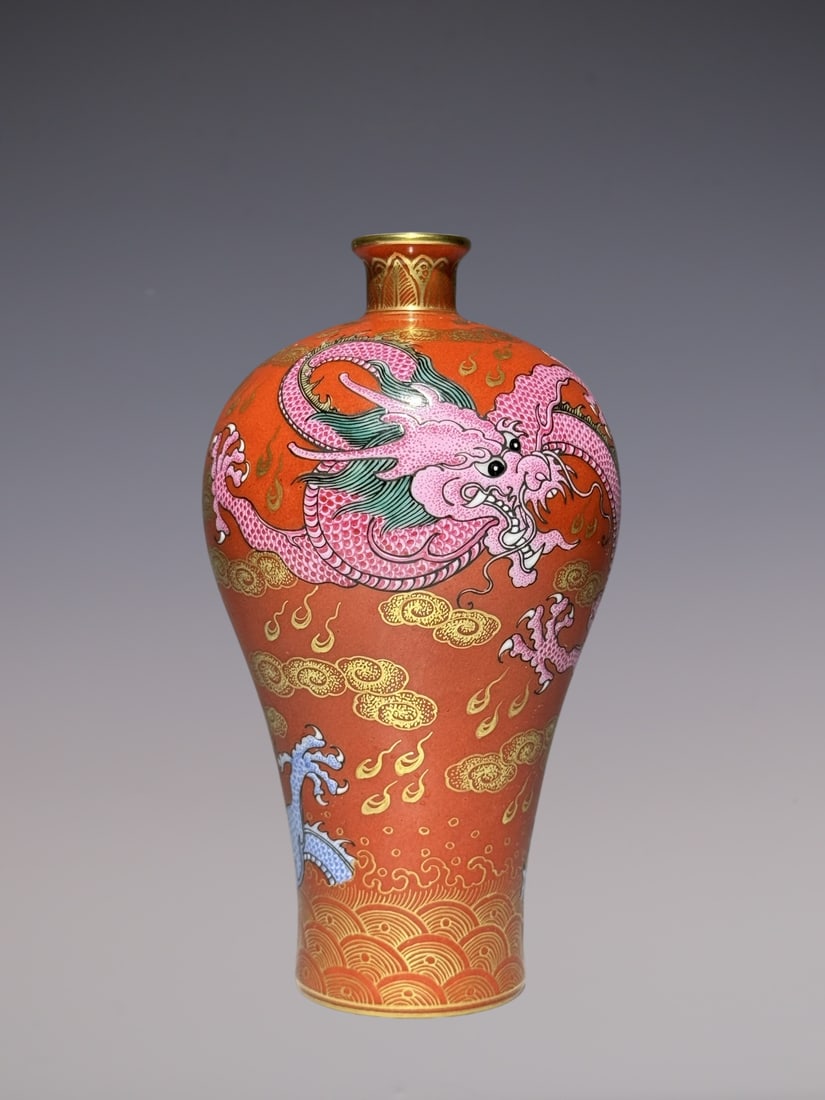 An Exquisite Iron-Red Glazed Famille-Rose Painted Gold Seawater,Auspicious Cloud and Dragon Pattern: An Exquisite Iron-Red Glazed Famille-Rose Painted Gold Seawater,Auspicious Cloud and Dragon Pattern Vase,Qing Dynasty, China,Yongzheng Four-character