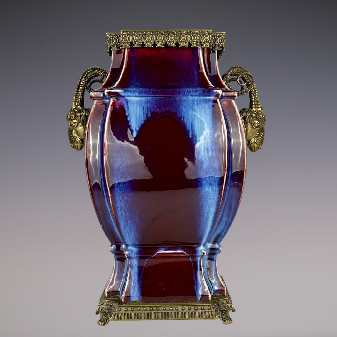 A Huge Flambe Glazed Inlaid Bronze Sheep-Ears Vase: A Huge Flambe Glazed Inlaid Bronze Sheep-Ears Vase,Qing Dynasty,China,Yongzheng Six-character