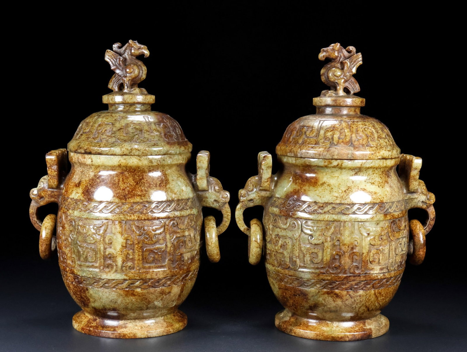 A Pair of Exquisite White Jade Chi-Dragon Pattern Beast-Ears Censer,With Phoenix Covers (1 of 9)