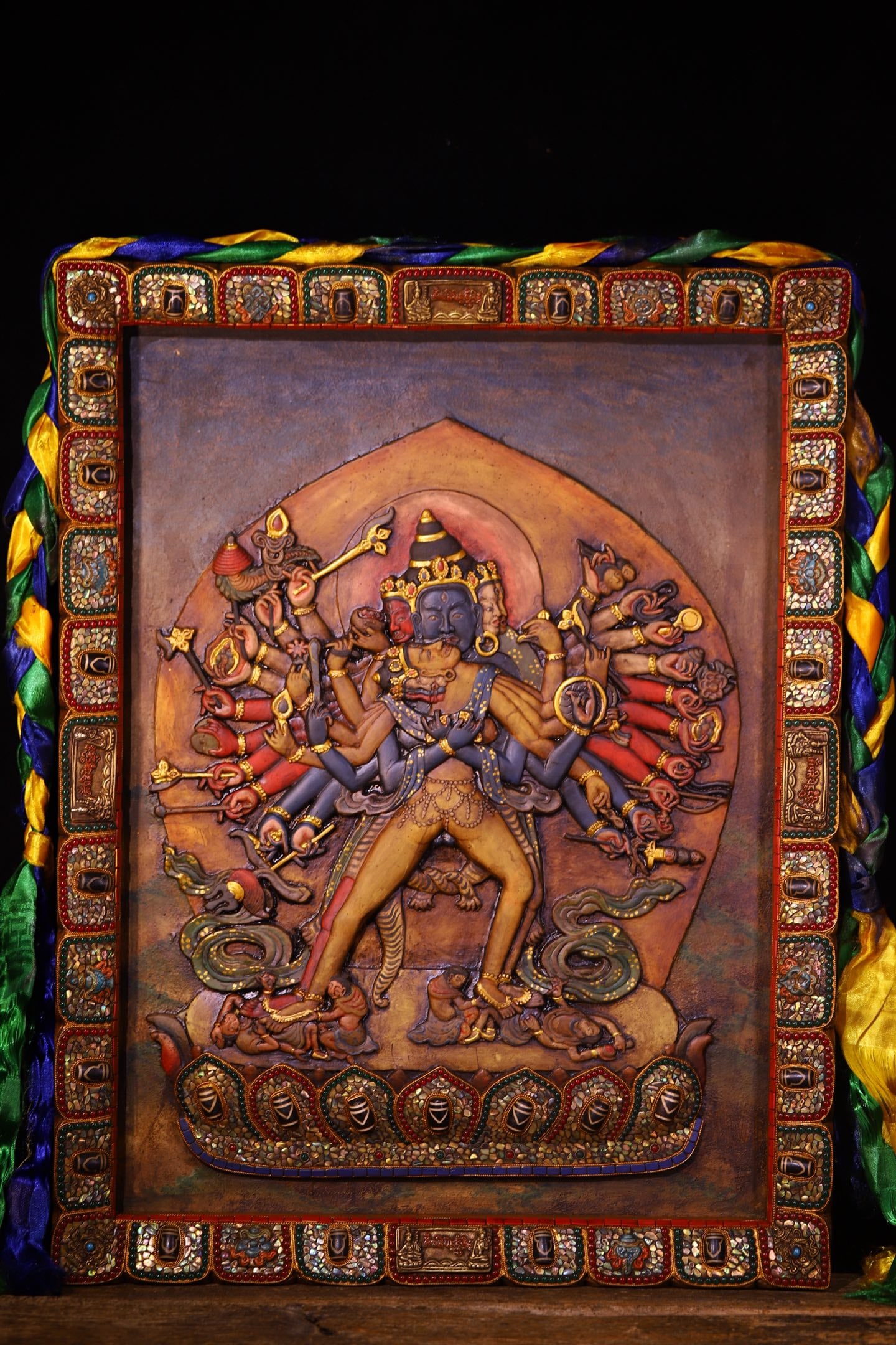 A Huge Bodhi Root Inlaid Dzi Bead and Gems Statue of Yamantaka Tangka (1 of 9)