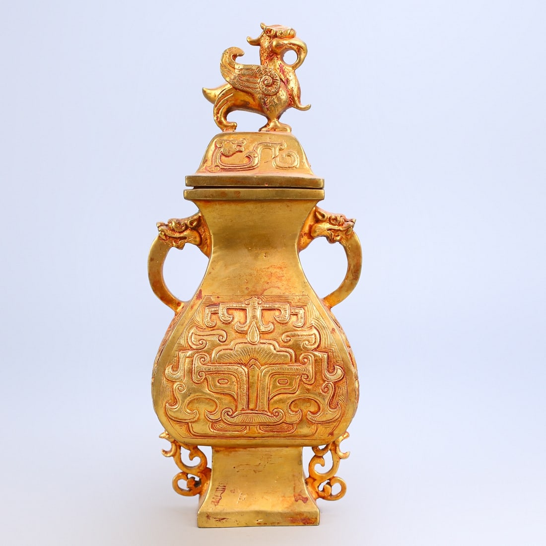 An Exquisite Gilt Bronze Beast-Face Pattern Beast-Ears Vase,With Phoenix Cover (1 of 10)