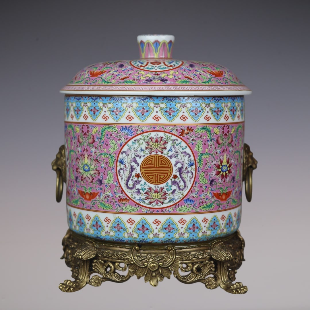 A Huge Famille-Rose Inlaid Bronze Lotus,Bats and Peach Pattern Jar with Cover: A Huge Famille-Rose Inlaid Bronze Lotus,Bats and Peach Pattern Jar with Cover,Qing Dynasty,China,Qianlong Four-character