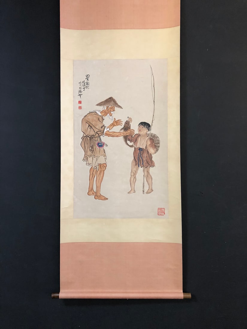 A Chinese Vertical Scroll Ink Painting of Figure on Paper,Xu Beihong: A Chinese Vertical Scroll Ink Painting of Figure on Paper,Xu Beihong,Size:21.5inx36.2in一幅中国水墨人物画立轴,徐悲鸿