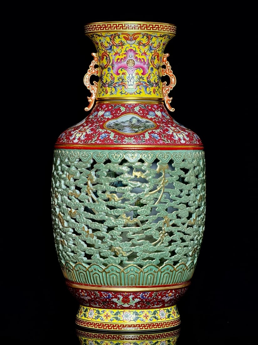 A Huge Yellow Ground Ruby Red-Ground Celadon Glazed Famille-Rose Painted Gold Hollow Auspicious: A Huge Yellow Ground Ruby Red-Ground Celadon Glazed Famille-Rose Painted Gold Hollow Auspicious Cloud and Bats Pattern Double-Ears Vase,Qing Dynasty,China,Qianlong Four-character Mark,Size:25.1inx13in