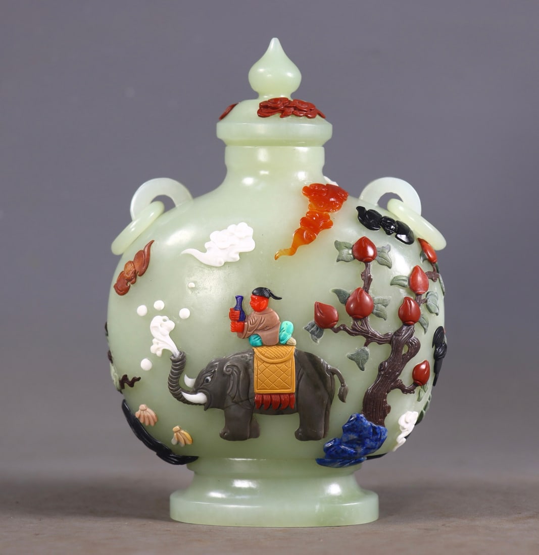 An Exquisite White Jade Inlaid Gems Elephant Figure Pattern Double-Ears Vase (1 of 9)
