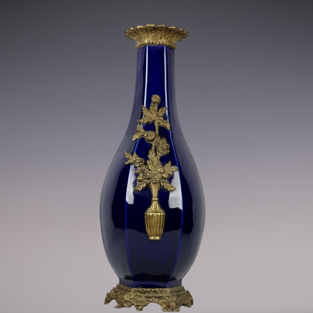 A Huge Ji Blue Glazed Inlaid Bronze Flower Pattern Vase: A Huge Ji Blue Glazed Inlaid Bronze Flower Pattern Vase,Qing Dynasty,China,Qianlong Six-character Mark,Size:24inx9.8inx8.3in霁蓝釉镶铜花卉纹瓶,
