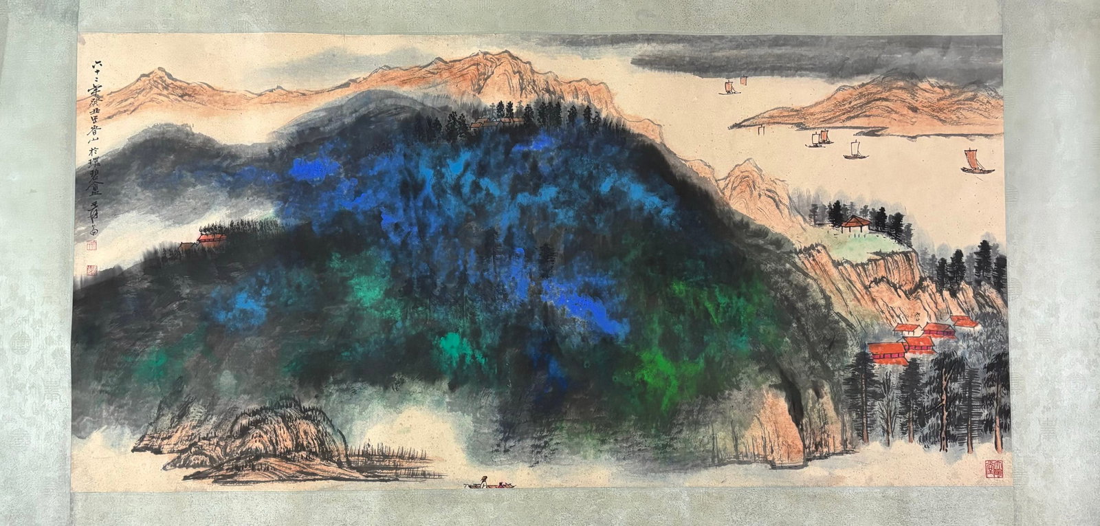 A Chinese Ink Painting of Landscape on Paper,Zhang Daqian: A Chinese Ink Painting of Landscape on Paper,Zhang Daqian,Size:(Without frame)54.1inx26.6in一幅中国水墨山水画,张大千,Size:(Witho