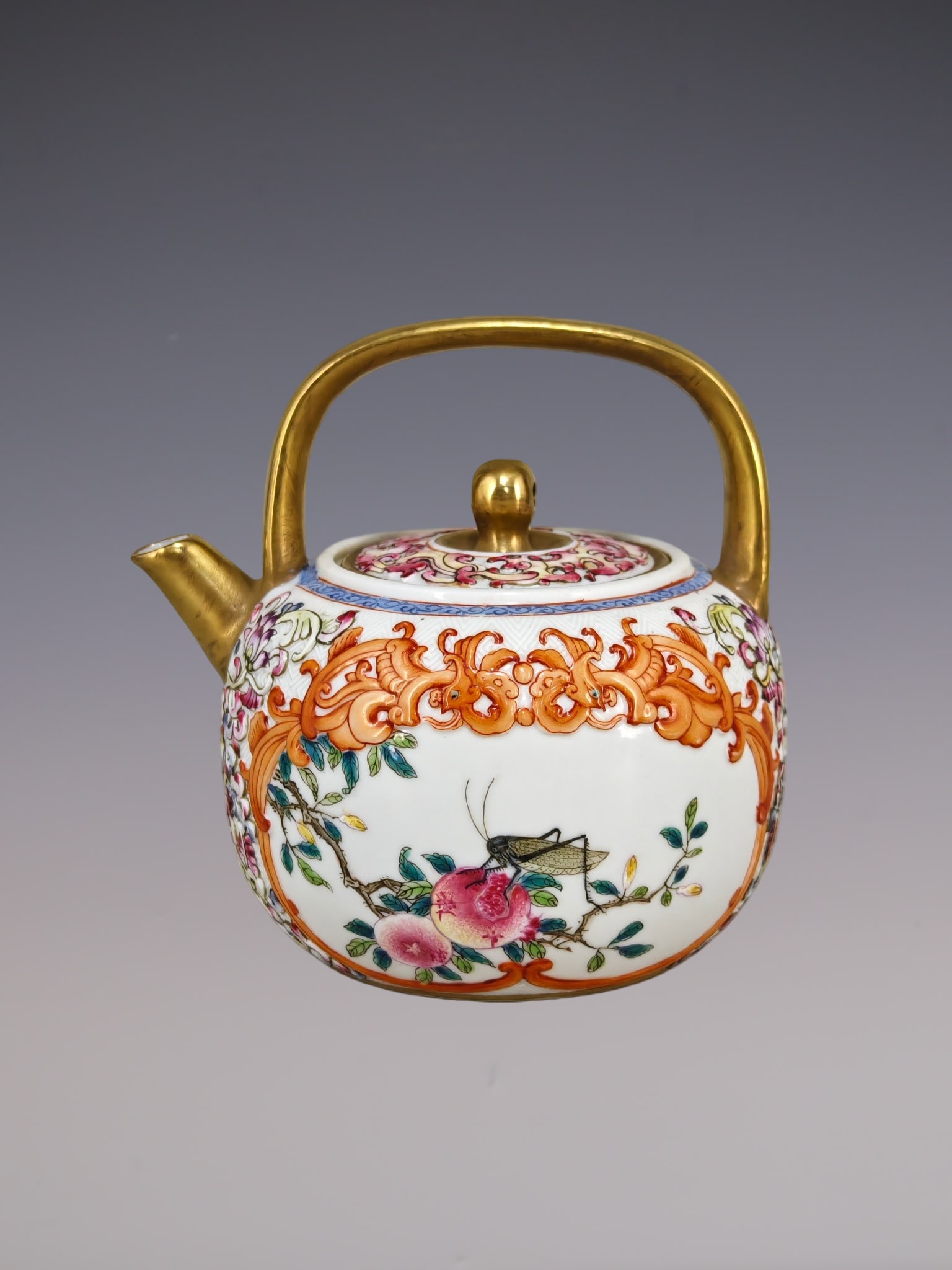 An Exquisite Famille-Rose Painted Gold Flower and Insect Pattern Loop-Handled Pot (1 of 9)