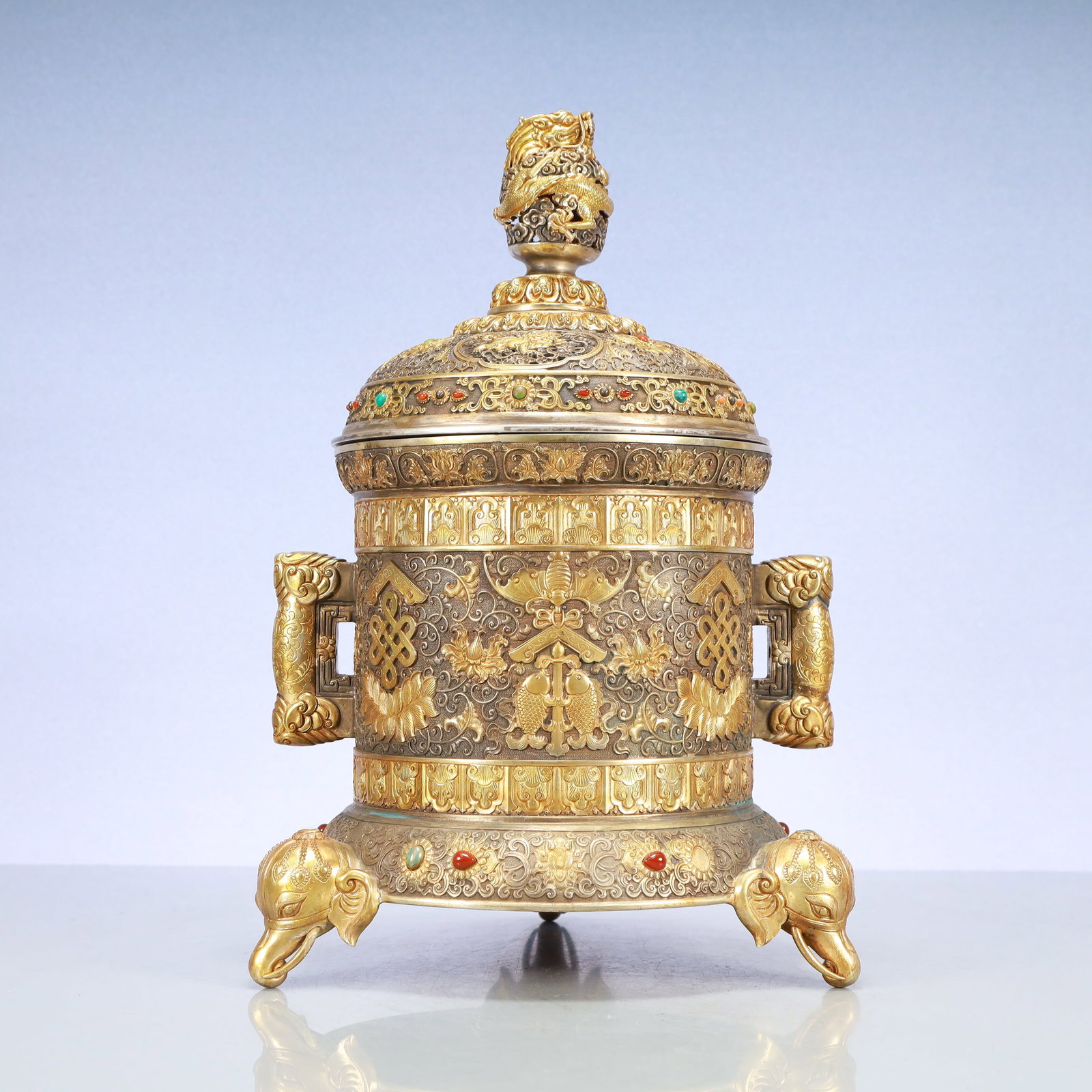A Exquisite Gilt Silver Lotus Pattern Double-Ears and Tripod Censer: A Exquisite Gilt Silver Lotus Pattern Double-Ears and Tripod Censer Qing Dynasty, China Qianlong Four-character Mark Size:11inx15in