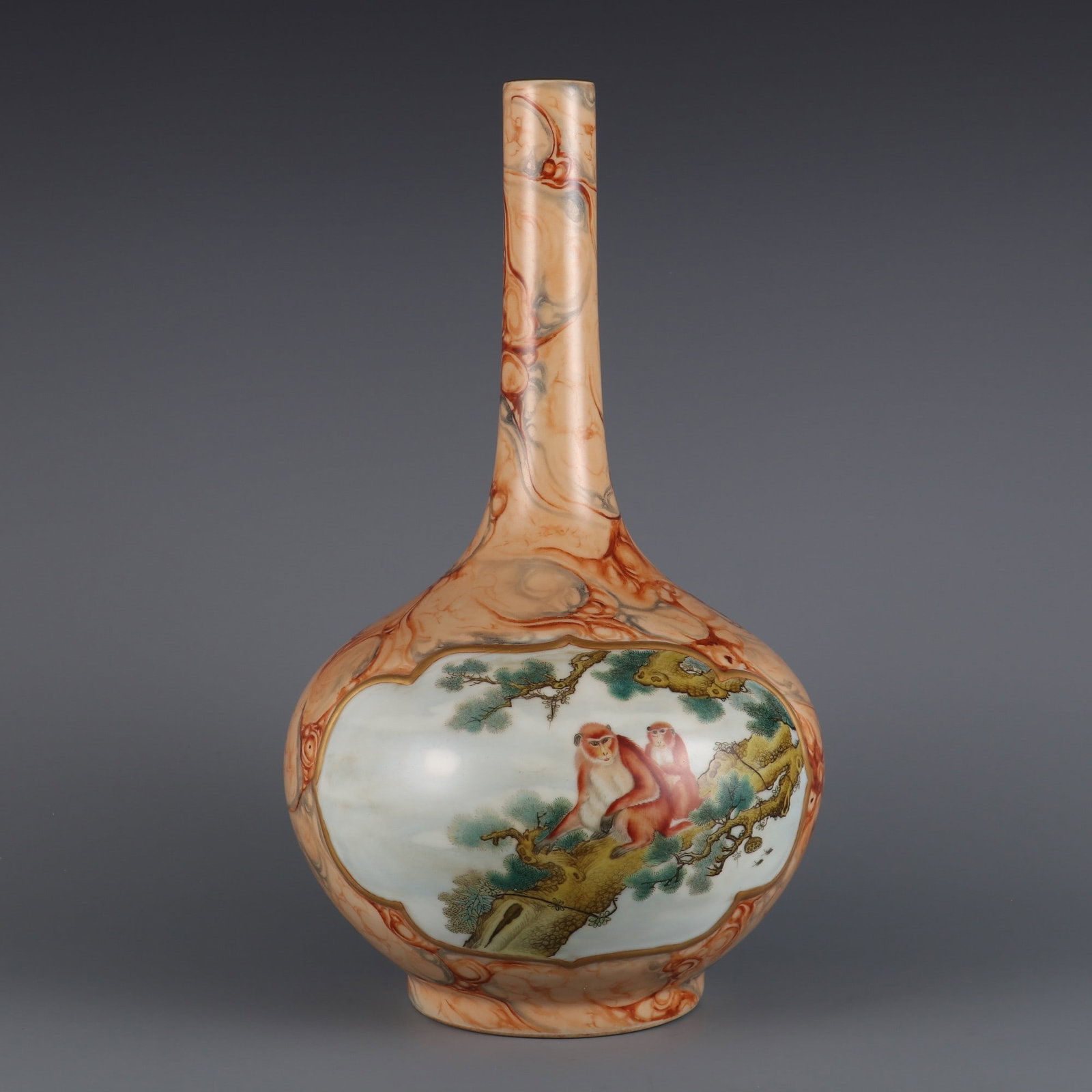 A Rare Marble Glazed Famille-Rose Painted Gold Pine and Monkey Pattern Vase (1 of 9)