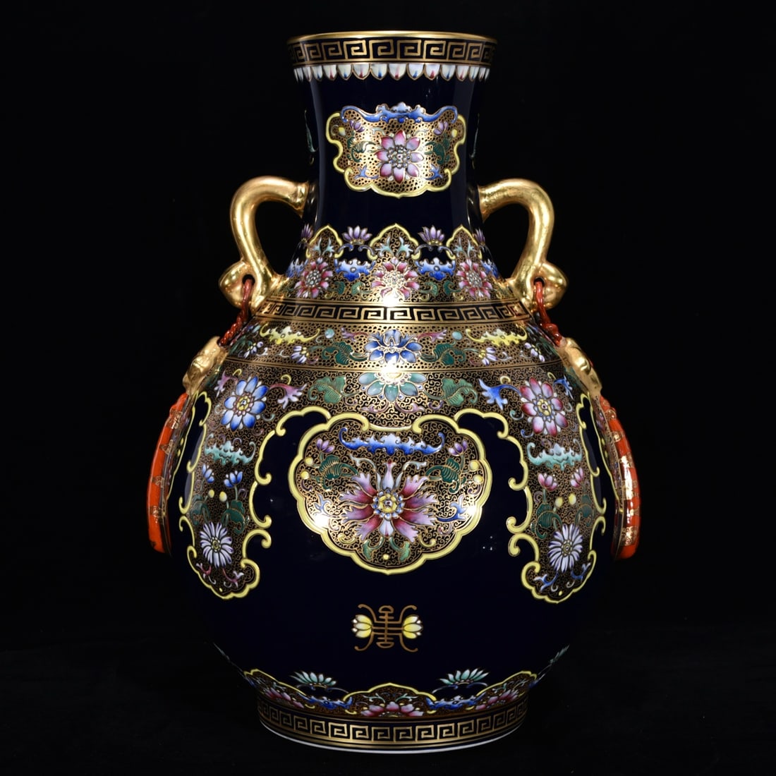 A Rare Ji Blue Glazed Enamel Painted Gold Lotus Pattern Double-Ears Vase: A Rare Ji Blue Glazed Enamel Painted Gold Lotus Pattern Double-Ears Vase,Qing Dynasty, China,Qianlong Six-character