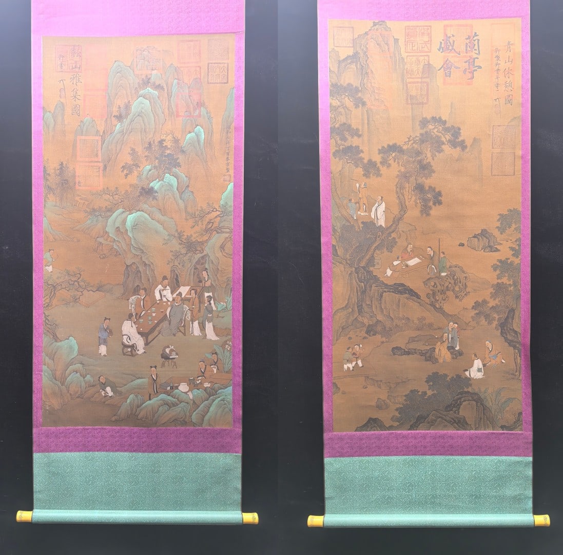 A Pair of Chinese Vertical Scroll Ink Painting of Landscape and Figure on Paper,Song Huizong&Cai: A Pair of Chinese Vertical Scroll Ink Painting of Landscape and Figure on Paper,Song Huizong&Cai Jing,Size:(Without frame)25.2inx54.5in*2一对中国水墨山水